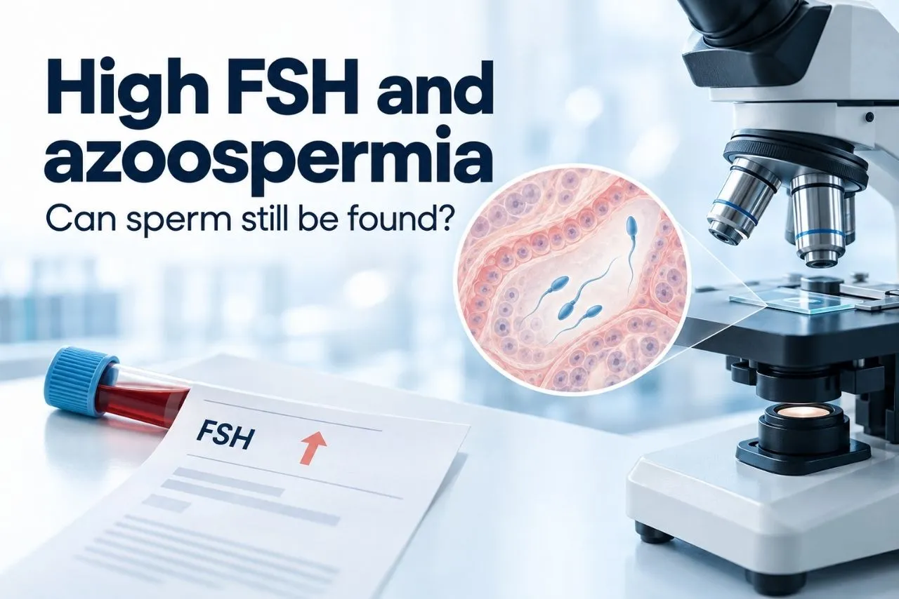 FSH blood test report and microscope illustrating sperm investigation in azoospermia