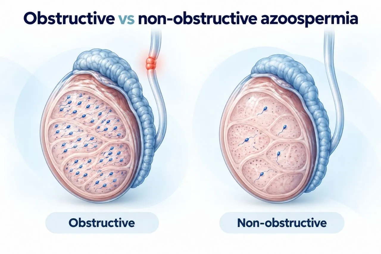 Illustration comparing a blocked sperm duct in obstructive azoospermia with impaired sperm production in non-obstructive azoospermia.